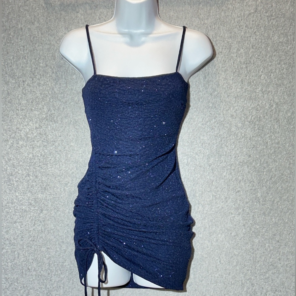 Windsor Navy Sparkle Ruched Mini Dress with Spaghetti Straps